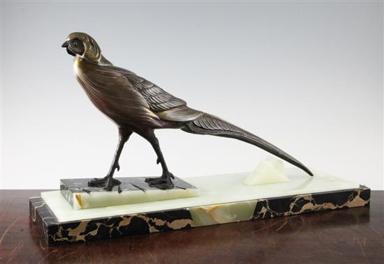 I. Rochard (French) A 1930s patinated metal statuette of a pheasant,(-)